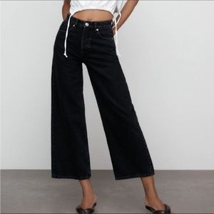 Zara WIDE LEG High Rise Button Fly Black Jeans